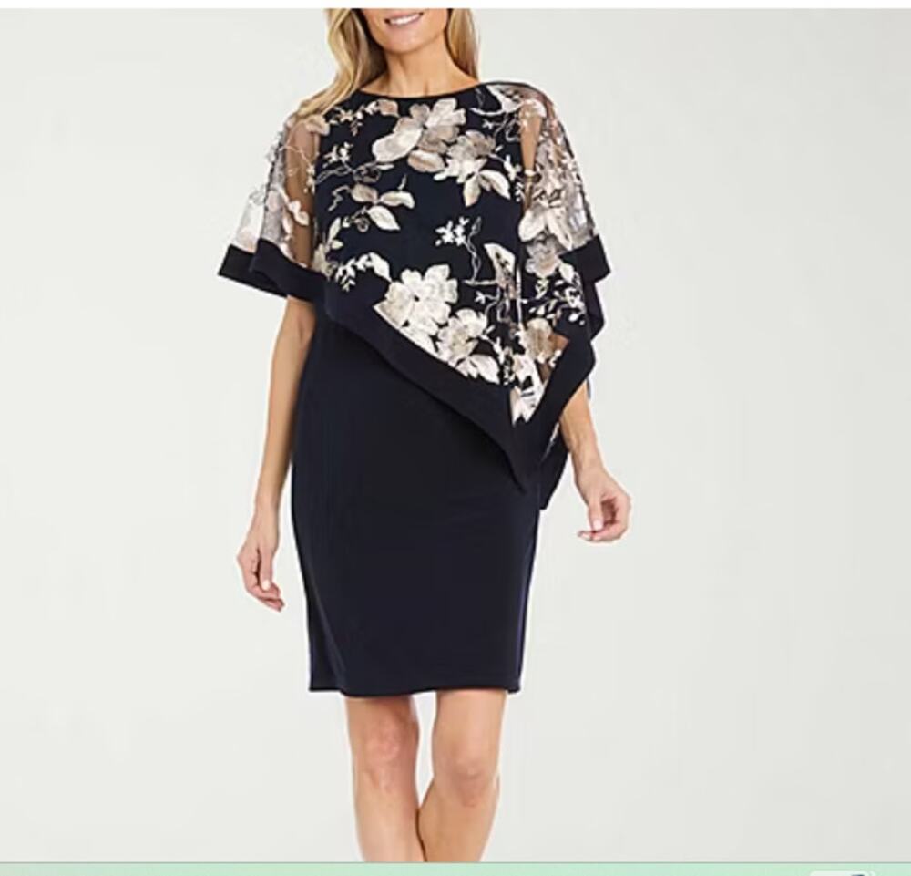 R & M Size 4 cocktail dinner church Dark blue floral overlay dress gold accents